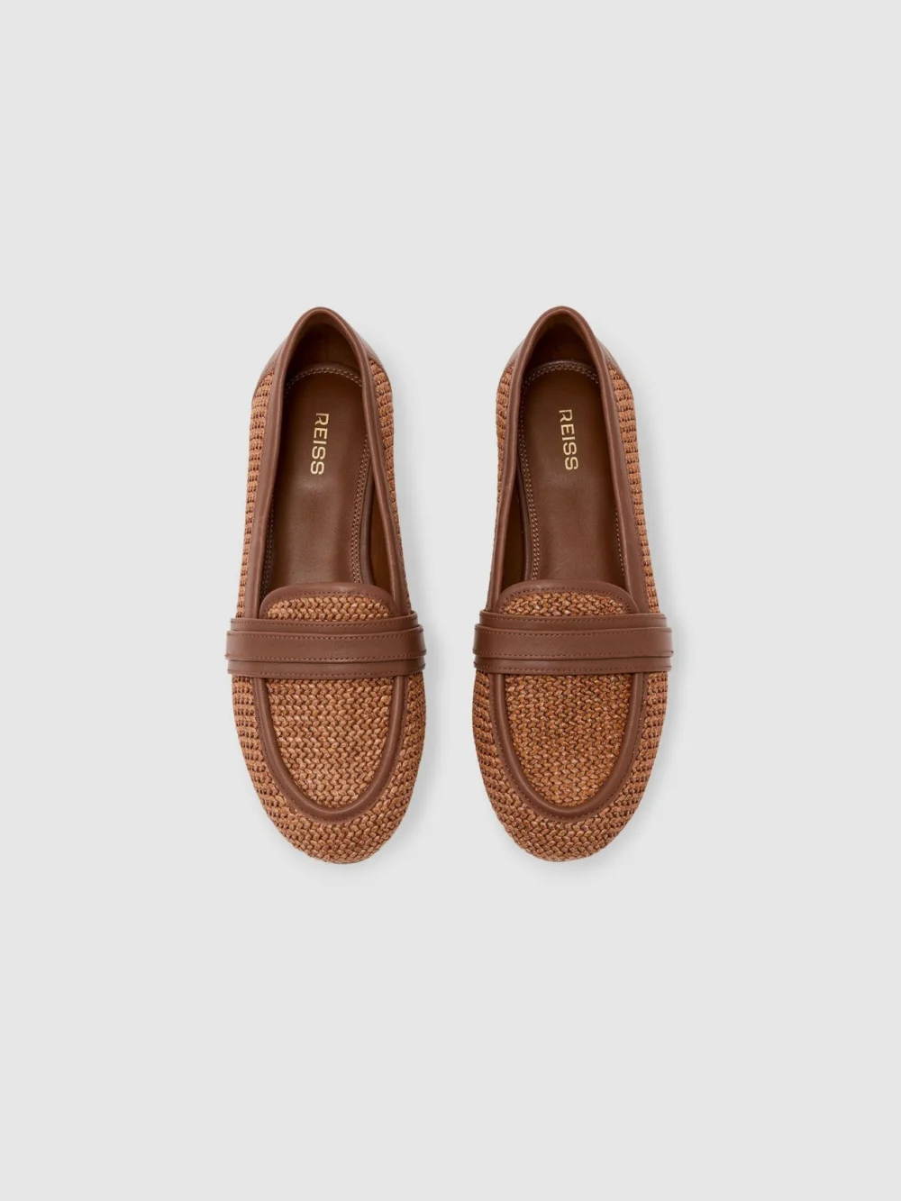 Reiss Tan Raffia Leather Trim Loafers, view 3