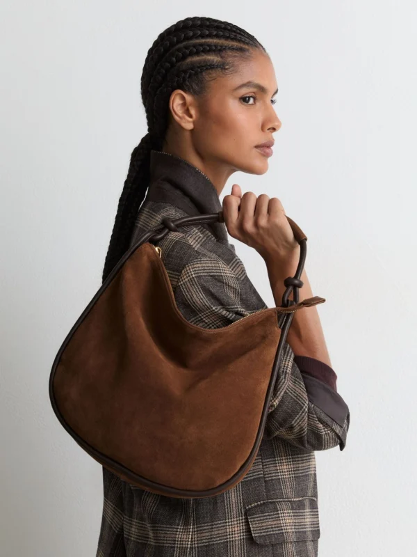 Reiss Tan Suede and Leather Curved Shoulder Bag,