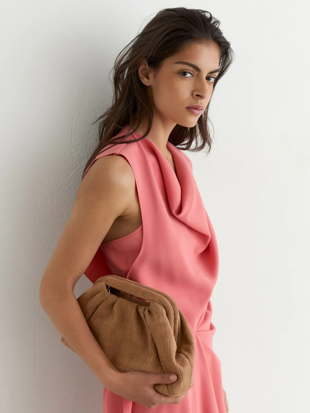 Reiss Tan Suede Croc-embossed Pouch Clutch Bag,