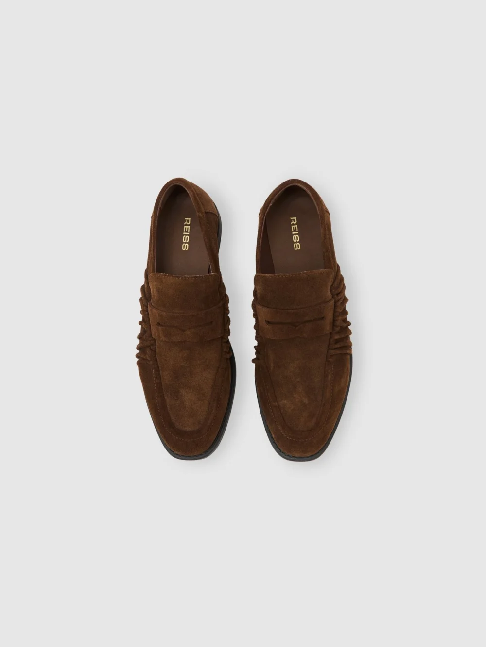 Reiss Tan Suede Ruched Penny Loafers, view 3
