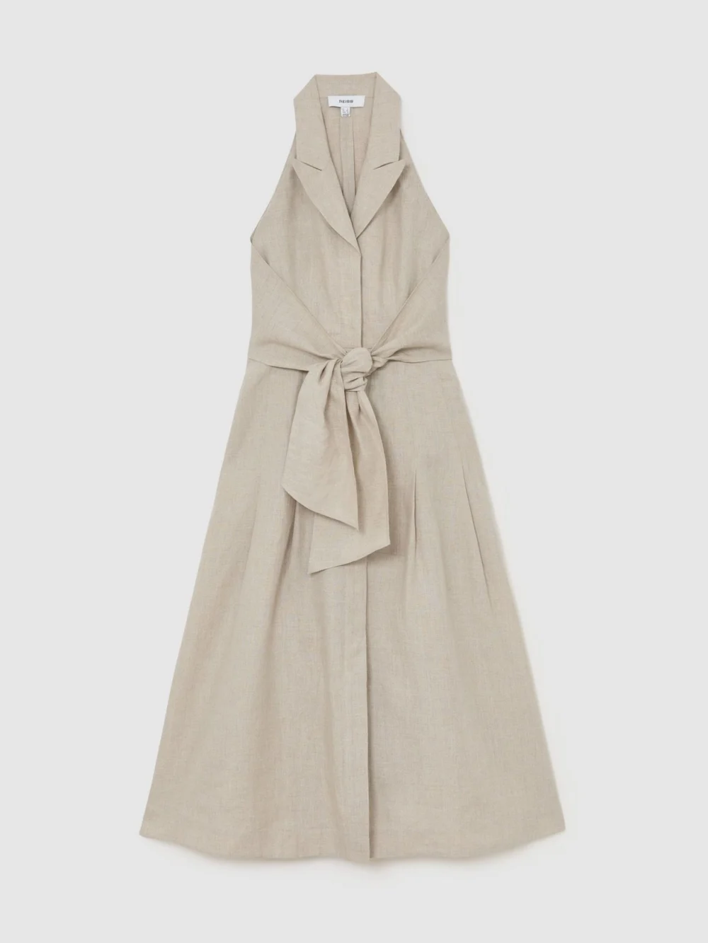 Reiss Tara Neutral Linen Tie-waist Tailored Midi Dress, 14, view 2
