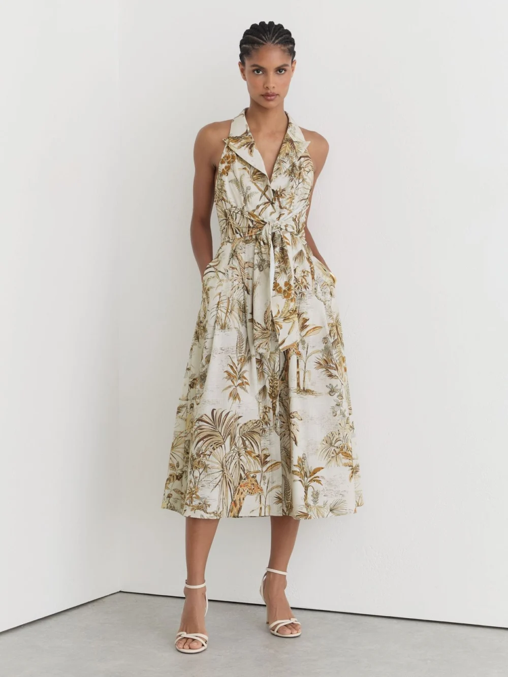 Reiss Tate Neutral Petite Cotton Safari-print Tailored Midi Dress, 6 in beige/brown