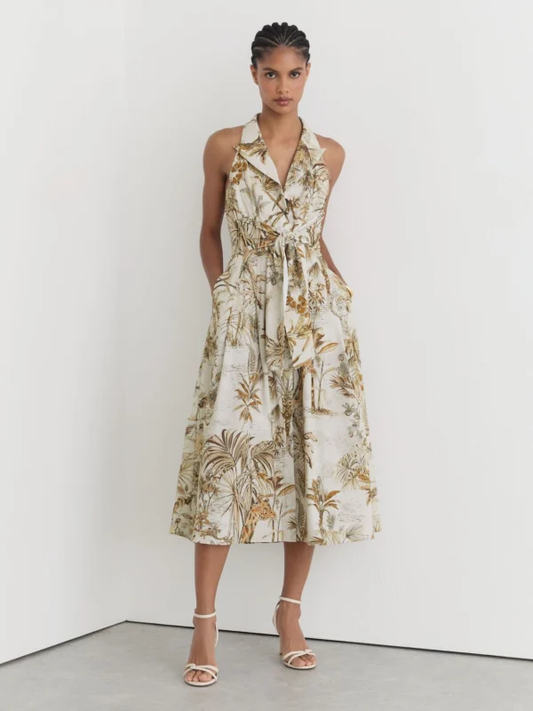 Reiss Tate Neutral Petite Cotton Safari-print Tailored Midi Dress, 6