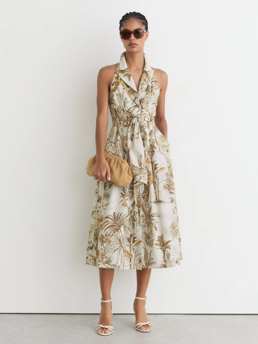 Reiss Tate Neutral Petite Cotton Safari-print Tailored Midi Dress, 6, view 3