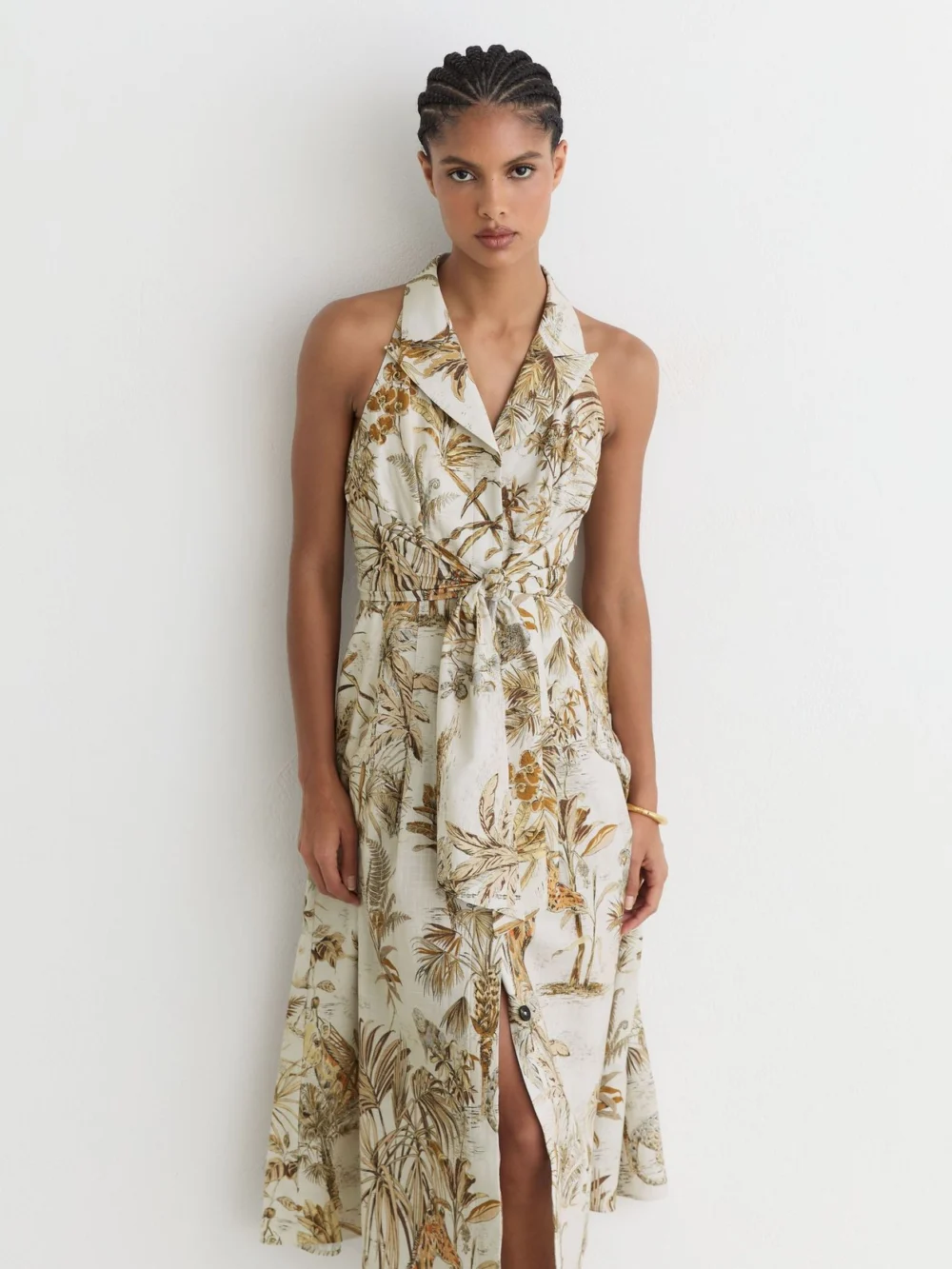 Reiss Tate Neutral Petite Cotton Safari-print Tailored Midi Dress, 6, view 5