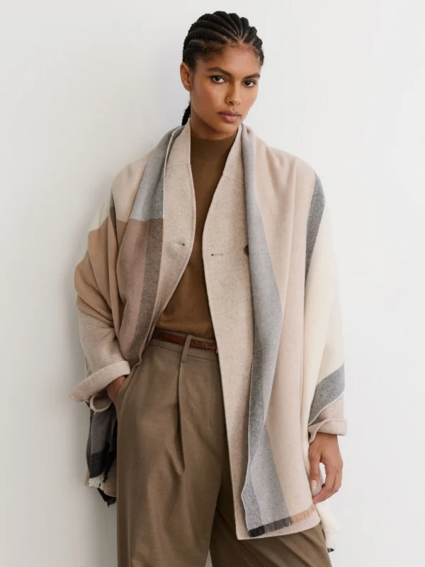 Reiss Taupe & grey Check Scarf with Wool,