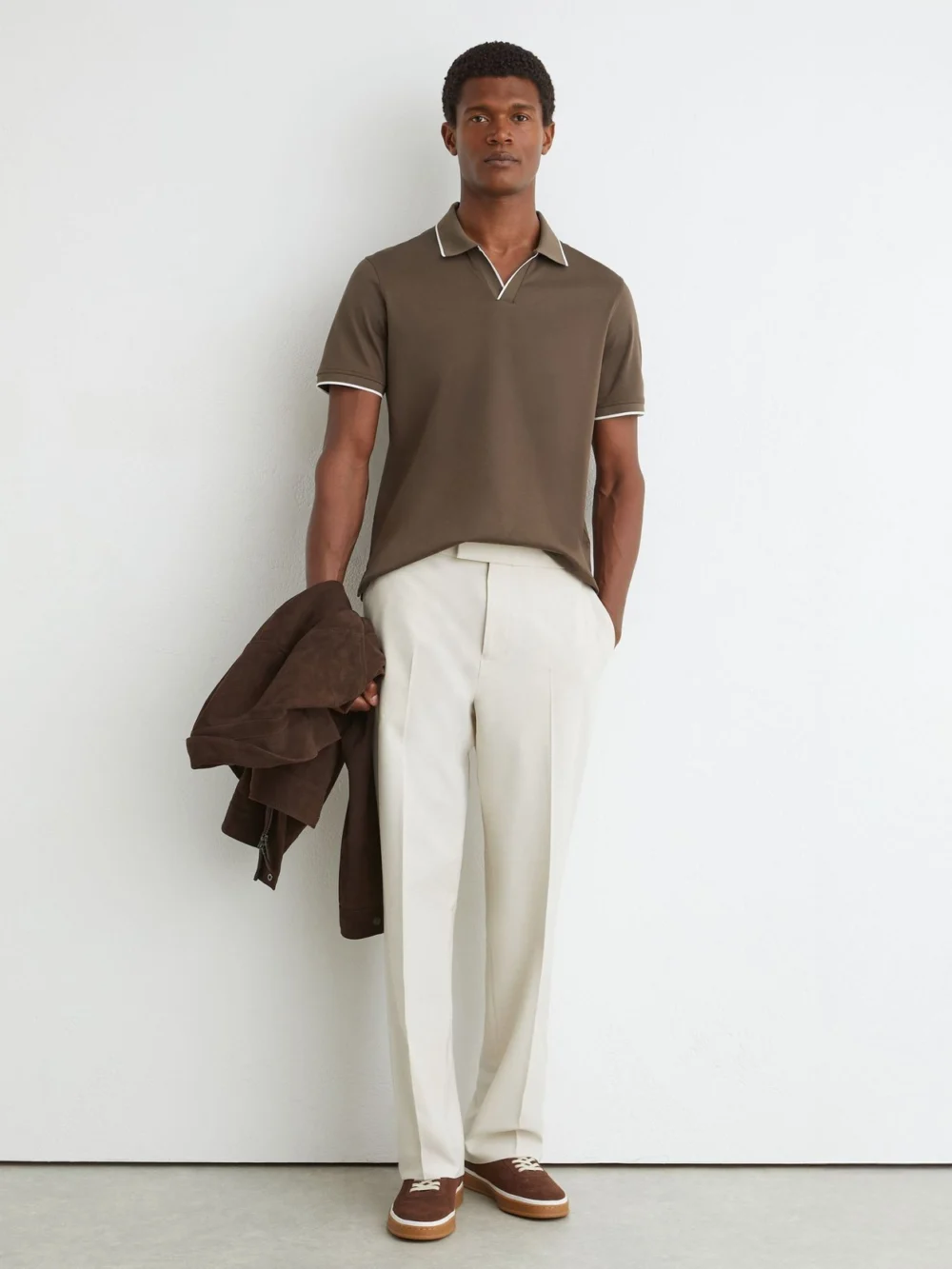 Reiss Taupe Brown Air-water Cotton Tipped Polo Shirt, view 4