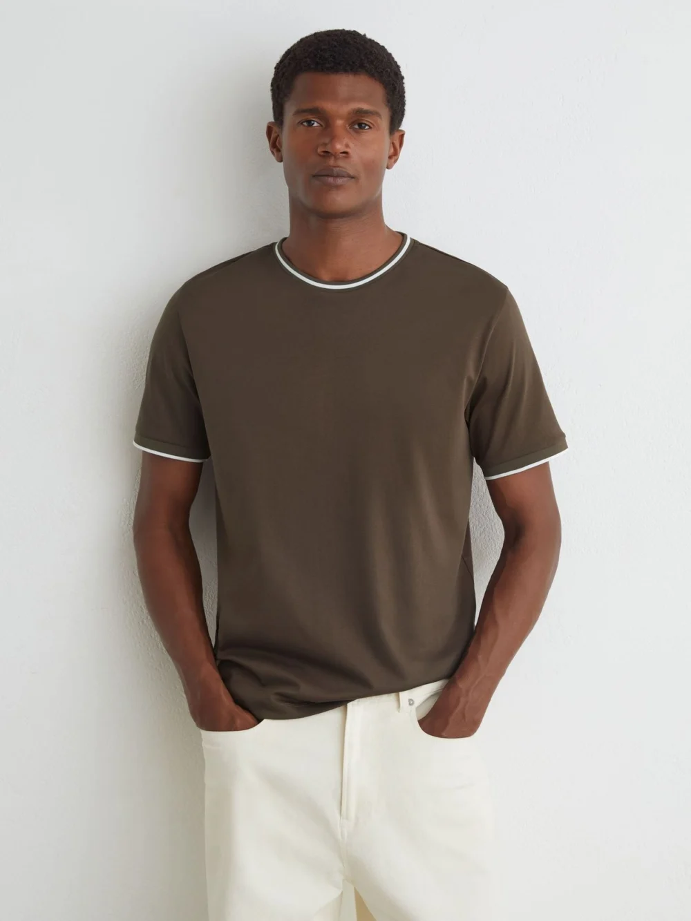 Reiss Taupe Brown Air-water Cotton Tipped Tailored-fit T-shirt