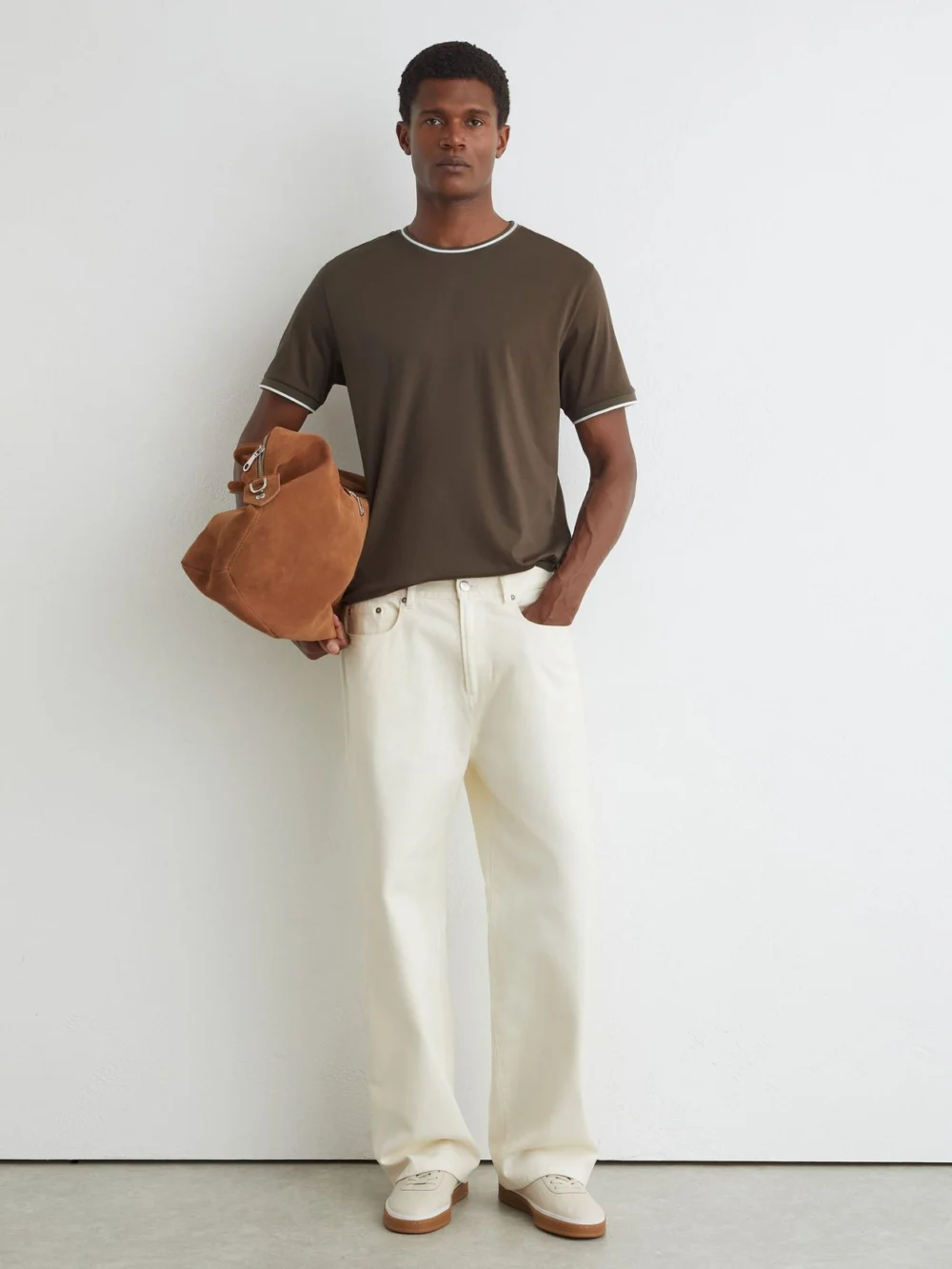 Reiss Taupe Brown Air-water Cotton Tipped Tailored-fit T-shirt, view 3