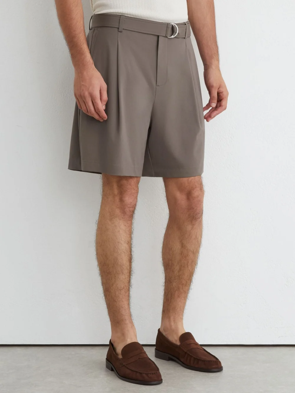 Reiss Taupe Brown Belted Pleated Shorts, view 4
