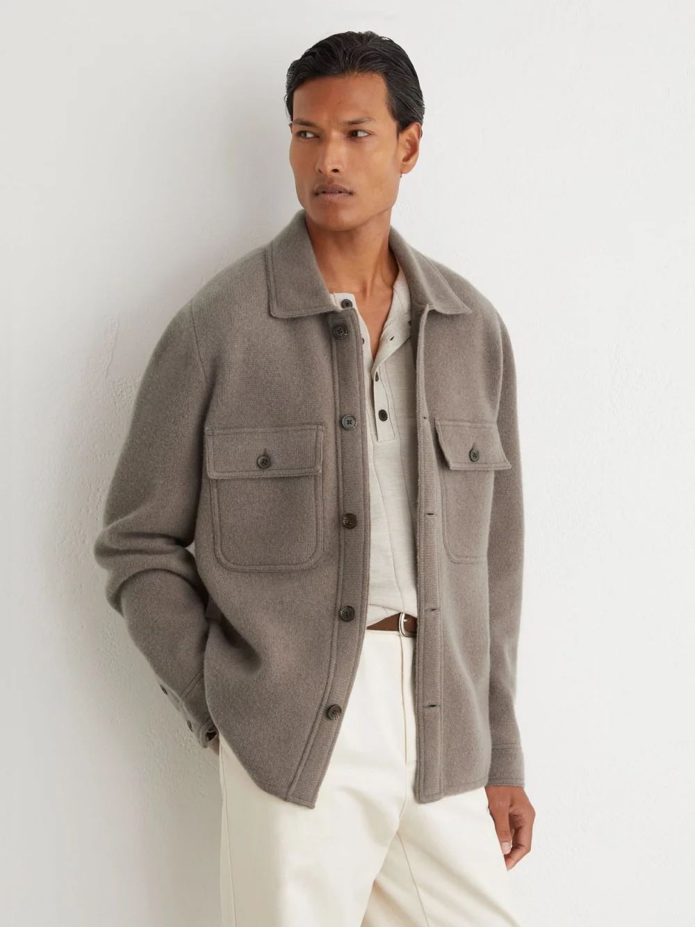Reiss Taupe Brown Brushed Wool Button-through Relaxed Overshirt, view 3