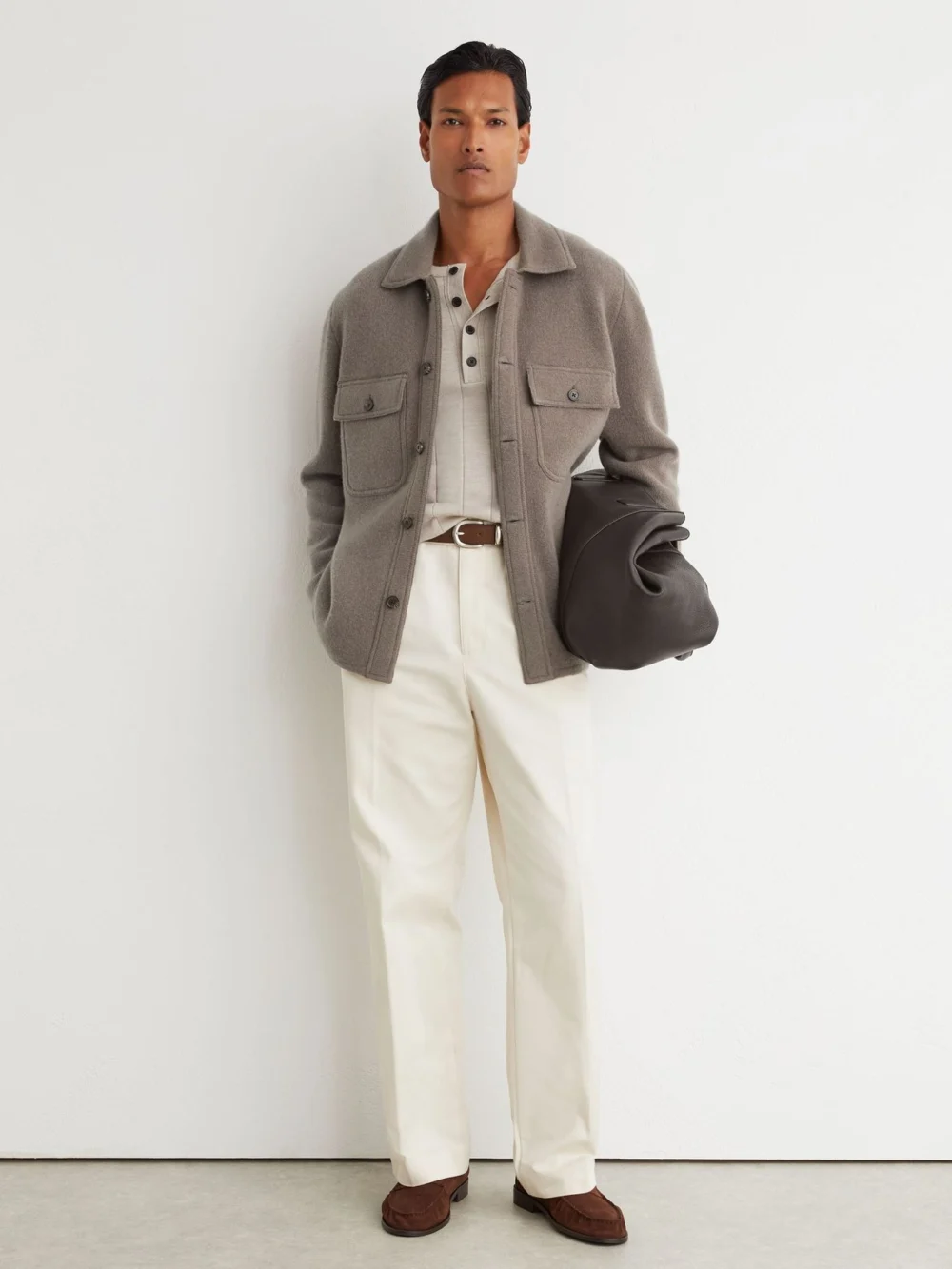 Reiss Taupe Brown Brushed Wool Button-through Relaxed Overshirt, view 4