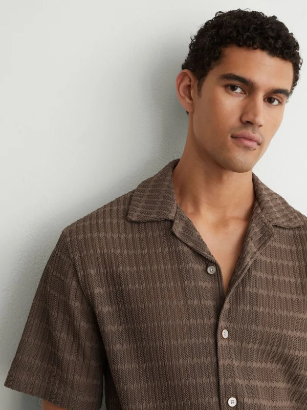 Reiss Taupe Brown Chevron-crochet Cuban-collar Shirt