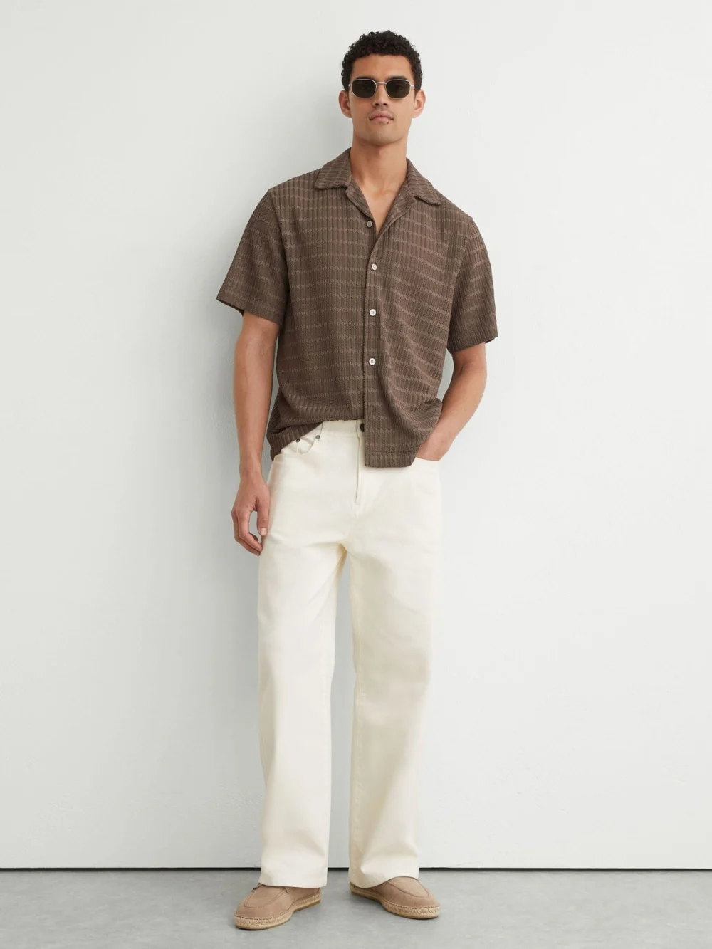 Reiss Taupe Brown Chevron-crochet Cuban-collar Shirt, view 3