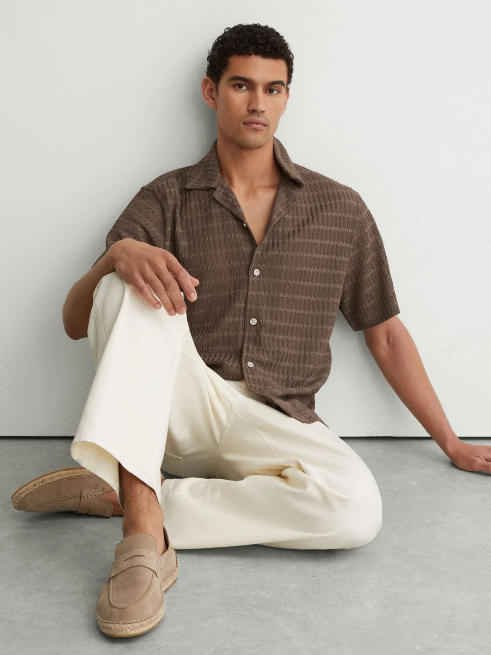 Reiss Taupe Brown Chevron-crochet Cuban-collar Shirt, view 4