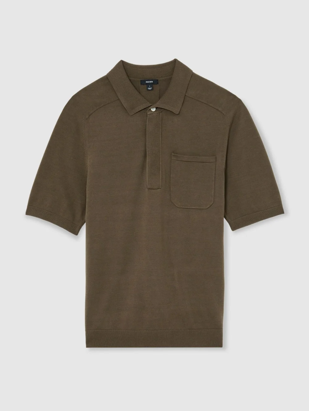 Reiss Taupe Brown Cotton Knit Concealed-placket Polo, view 2
