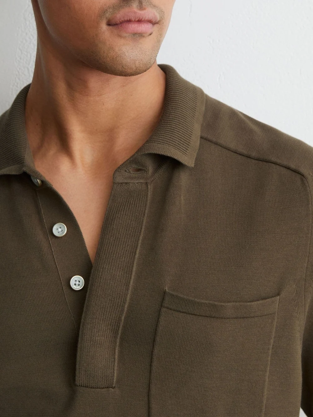 Reiss Taupe Brown Cotton Knit Concealed-placket Polo, view 3