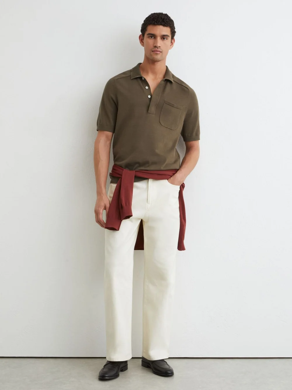 Reiss Taupe Brown Cotton Knit Concealed-placket Polo, view 4