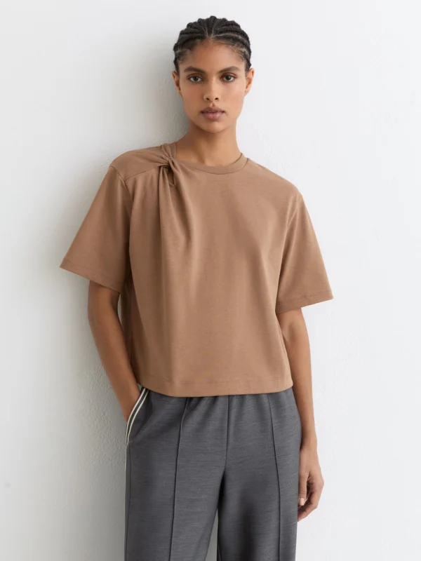 Reiss Taupe Brown Cotton Twist-detail Boxy T-shirt