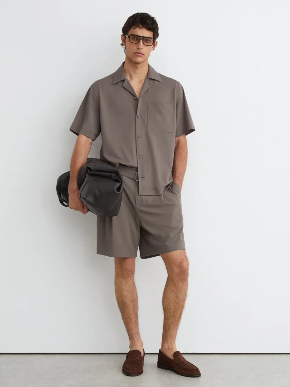 Reiss Taupe Brown Cuban-collar Short-sleeve Shirt, view 4
