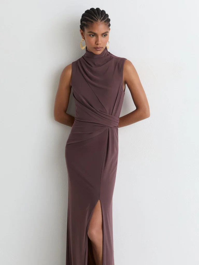Reiss Taupe Brown Draped-detail Sleeveless Maxi Dress