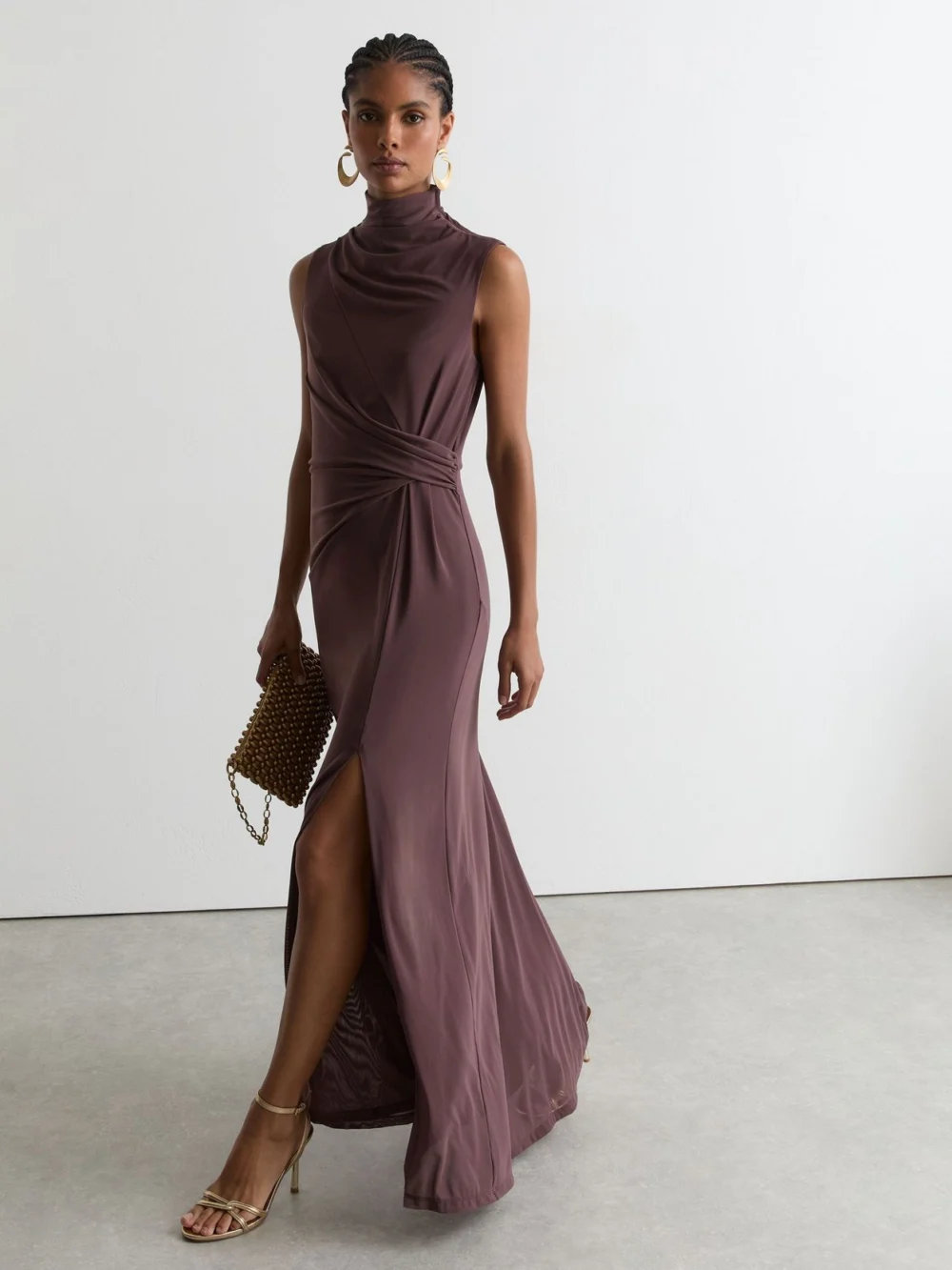 Reiss Taupe Brown Draped-detail Sleeveless Maxi Dress, view 2