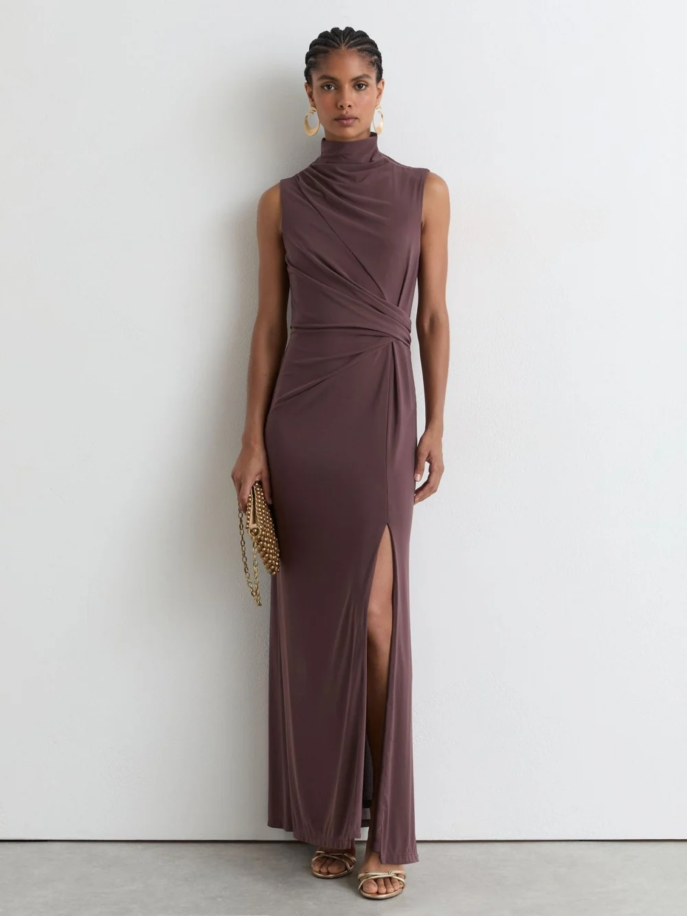 Reiss Taupe Brown Draped-detail Sleeveless Maxi Dress, view 5