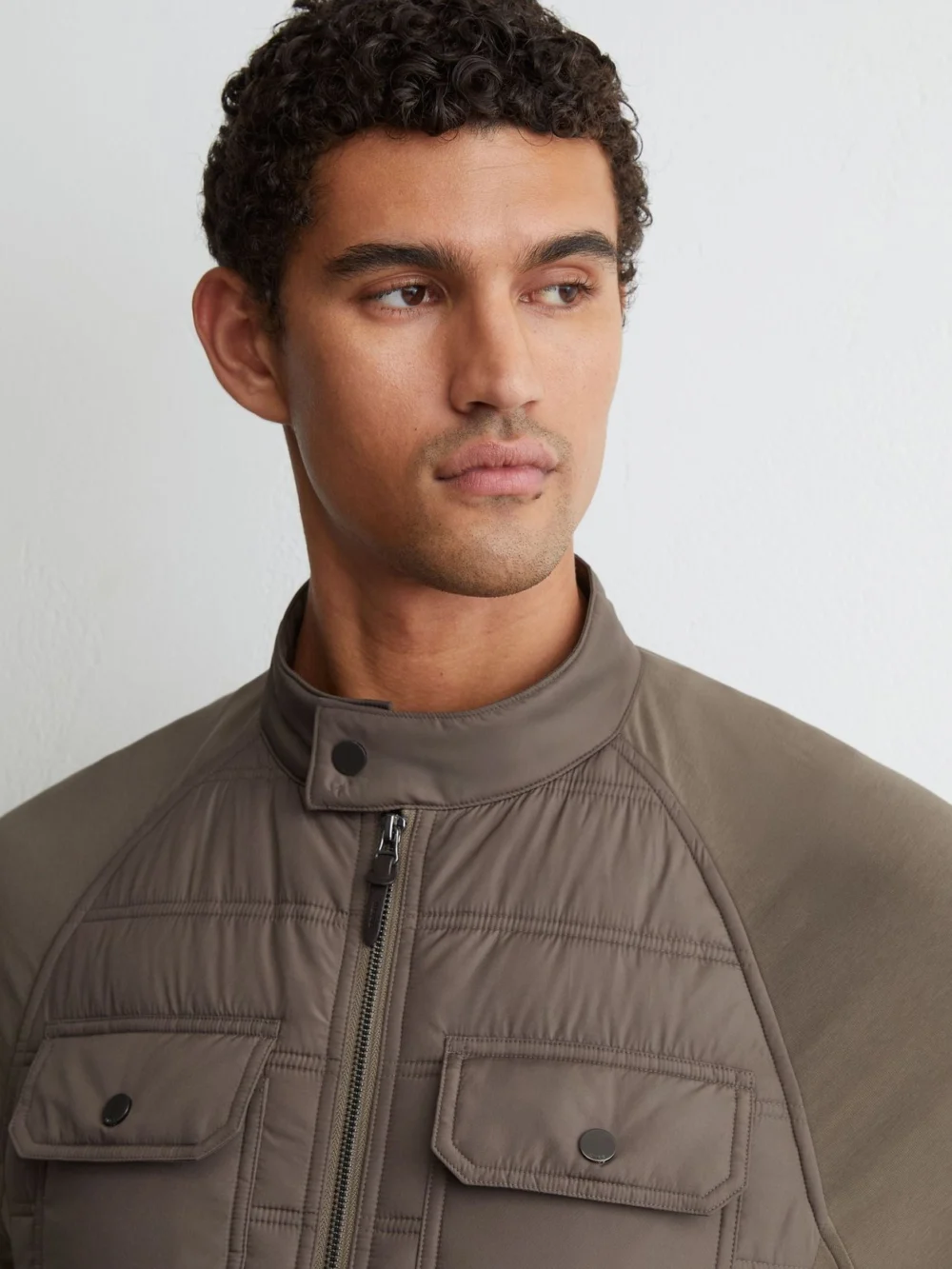 Reiss Taupe Brown Hybrid Quilted Interlock Flap-pocket Jacket