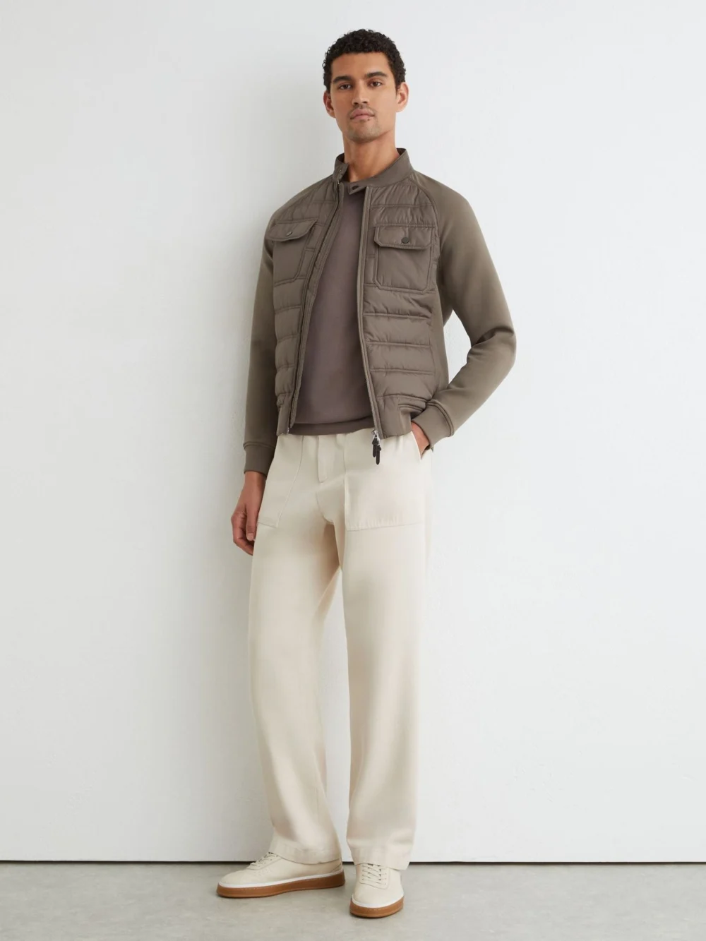 Reiss Taupe Brown Hybrid Quilted Interlock Flap-pocket Jacket, view 3