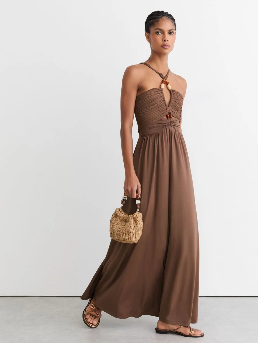 Reiss Taupe Brown Jersey Bead-detail Ruched Maxi Dress, view 3
