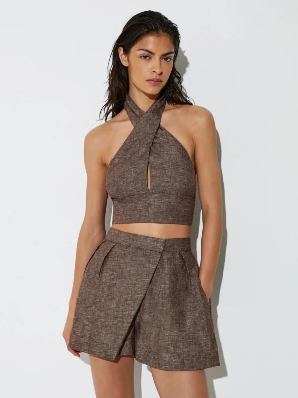Reiss Taupe Brown Linen Wrap-front Halterneck Crop Top