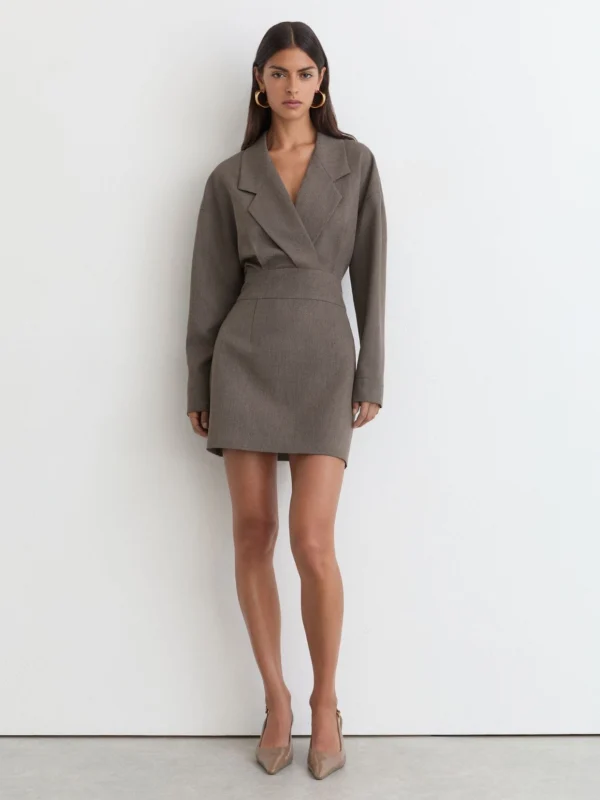 Reiss Taupe Brown Melange Notch-lapel Tailored Mini Dress