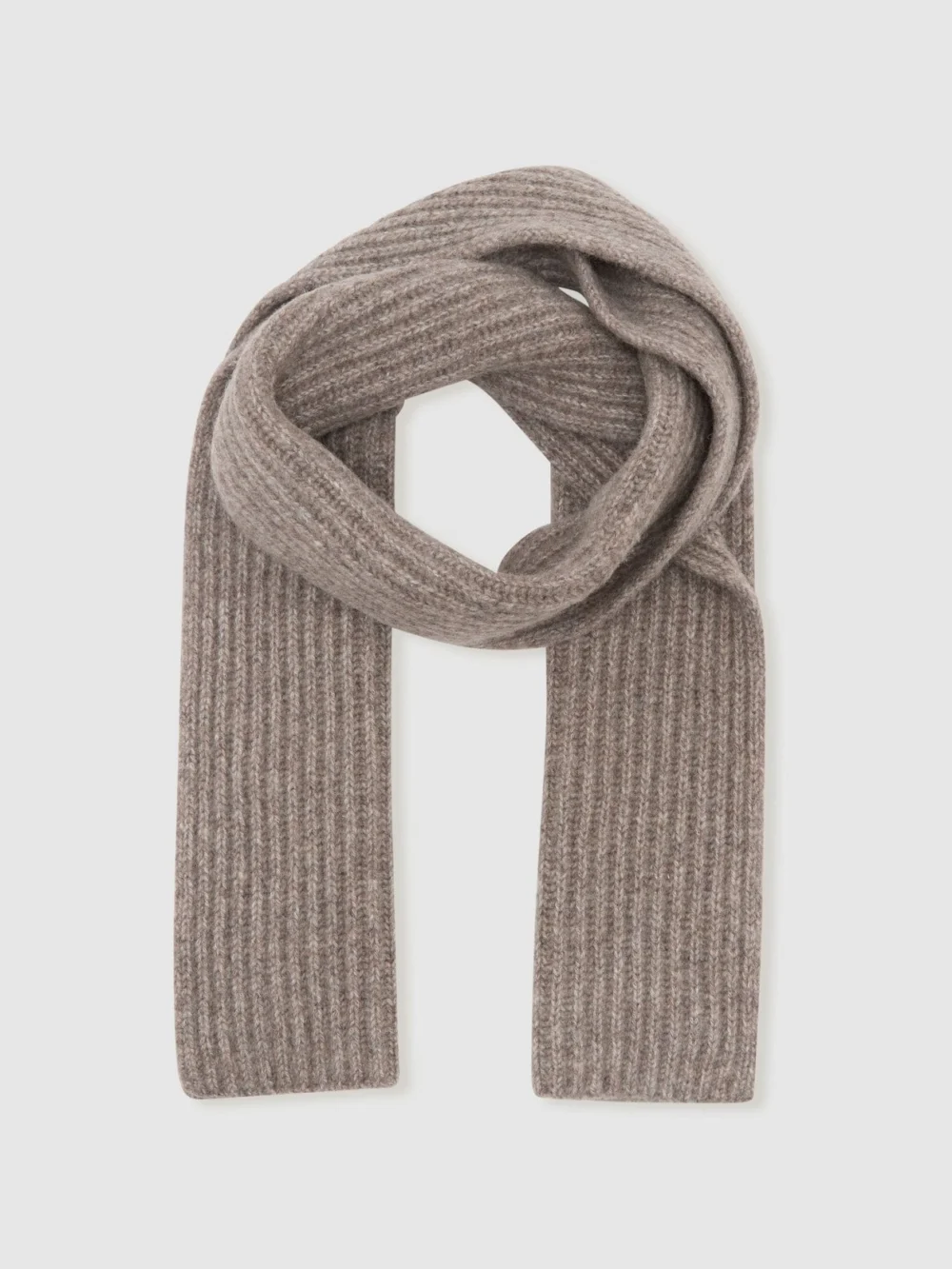 Reiss Taupe Brown Melange Wool-blend Rib-knit Scarf,