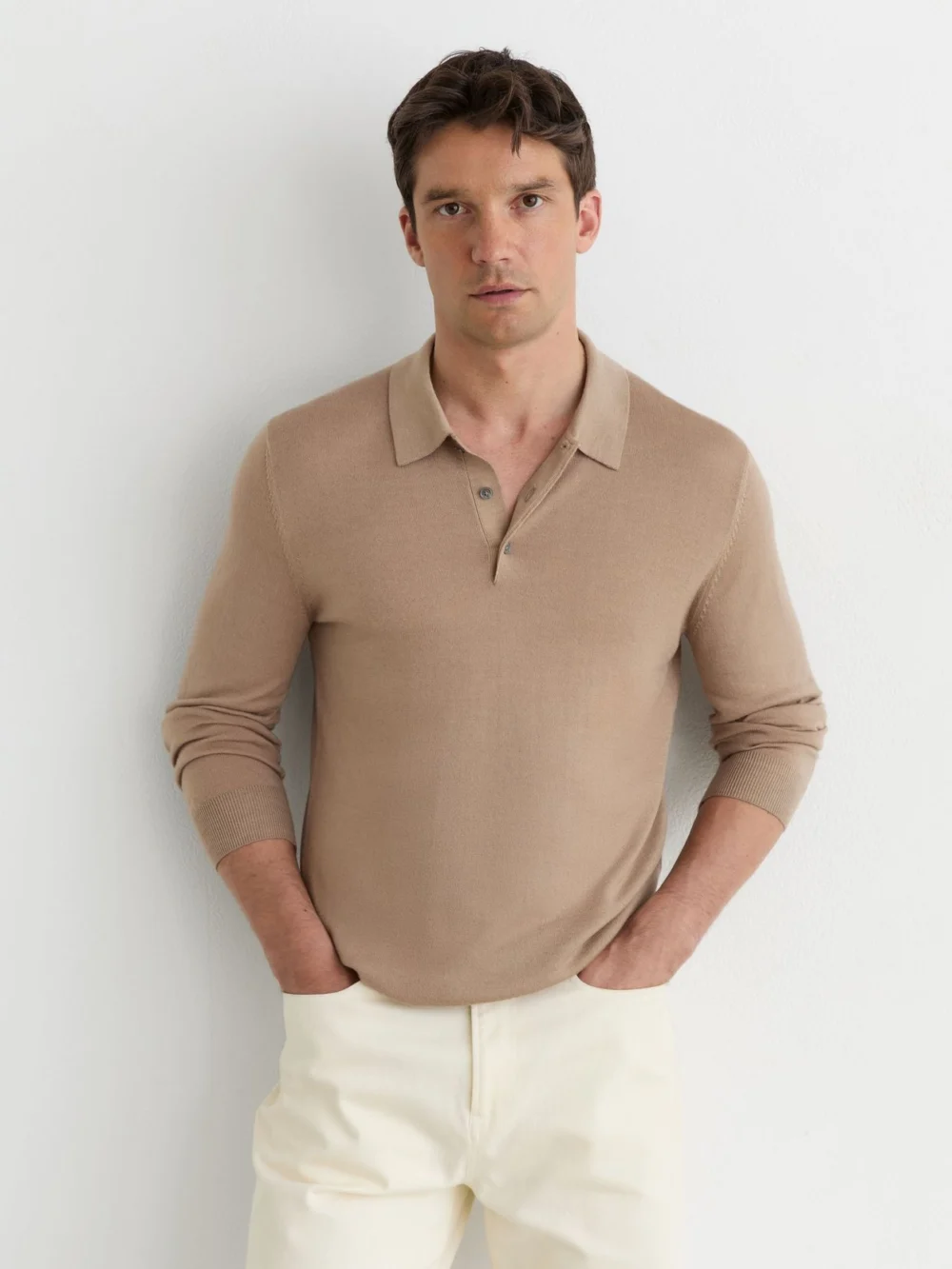 Reiss Taupe Brown Pigment-dyed Merino Wool Long-sleeve Polo