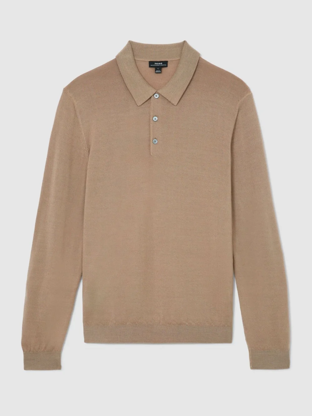 Reiss Taupe Brown Pigment-dyed Merino Wool Long-sleeve Polo, view 2