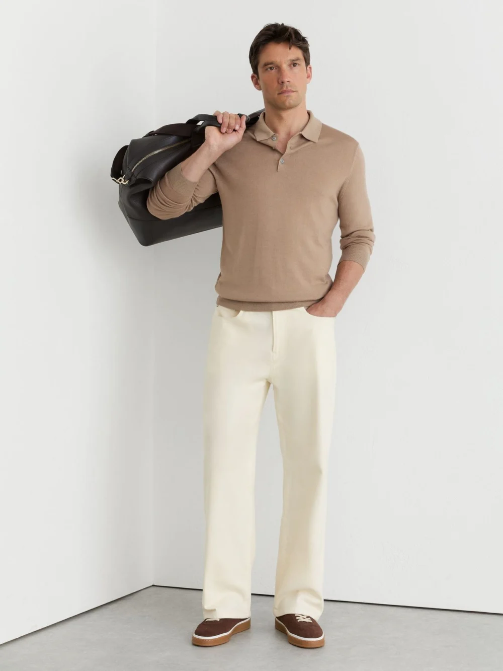 Reiss Taupe Brown Pigment-dyed Merino Wool Long-sleeve Polo, view 3