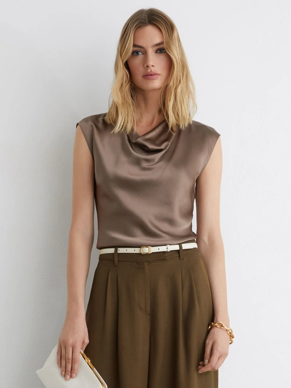 Reiss Taupe Brown Silk Cowl-neck Sleeveless Top