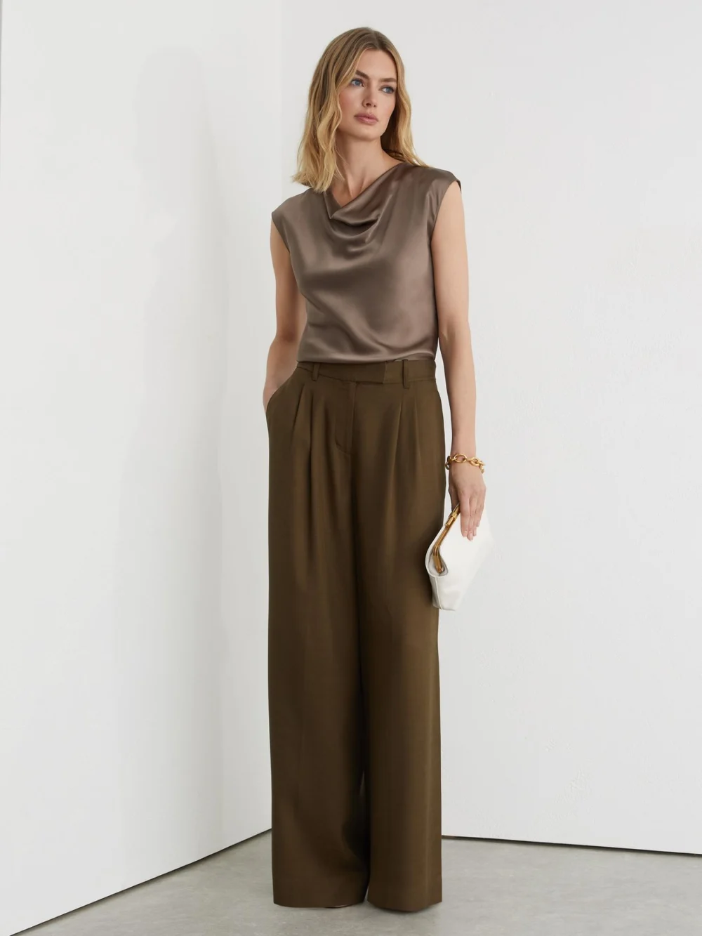 Reiss Taupe Brown Silk Cowl-neck Sleeveless Top, view 3
