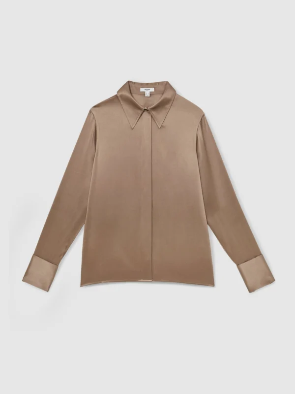 Reiss Taupe Brown Silk-satin Concealed-placket Shirt