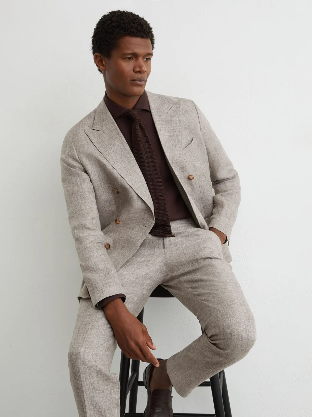 Reiss Taupe Brown Tailored Fit Linen Double-breasted Suit Blazer