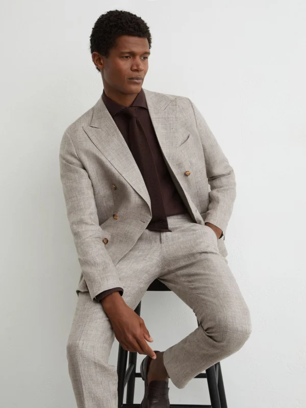 Reiss Taupe Brown Tailored Fit Linen Double-breasted Suit Blazer