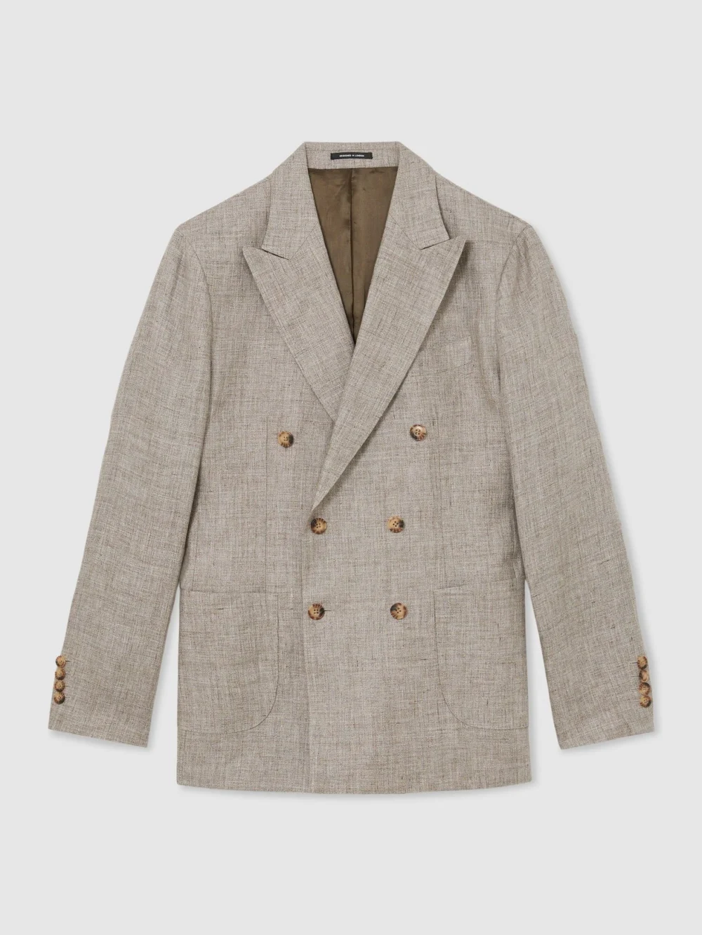 Reiss Taupe Brown Tailored Fit Linen Double-breasted Suit Blazer, view 2