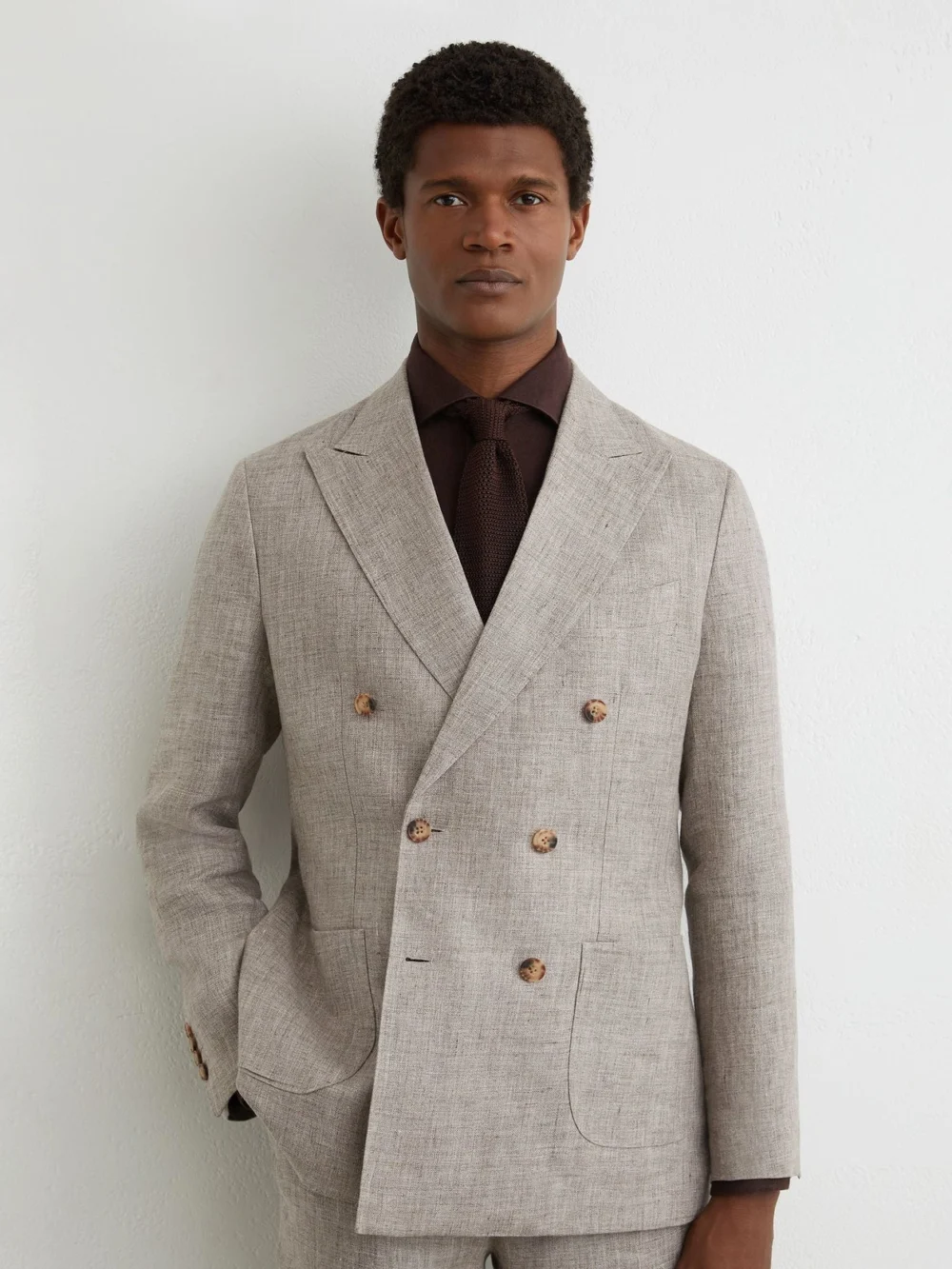 Reiss Taupe Brown Tailored Fit Linen Double-breasted Suit Blazer, view 3