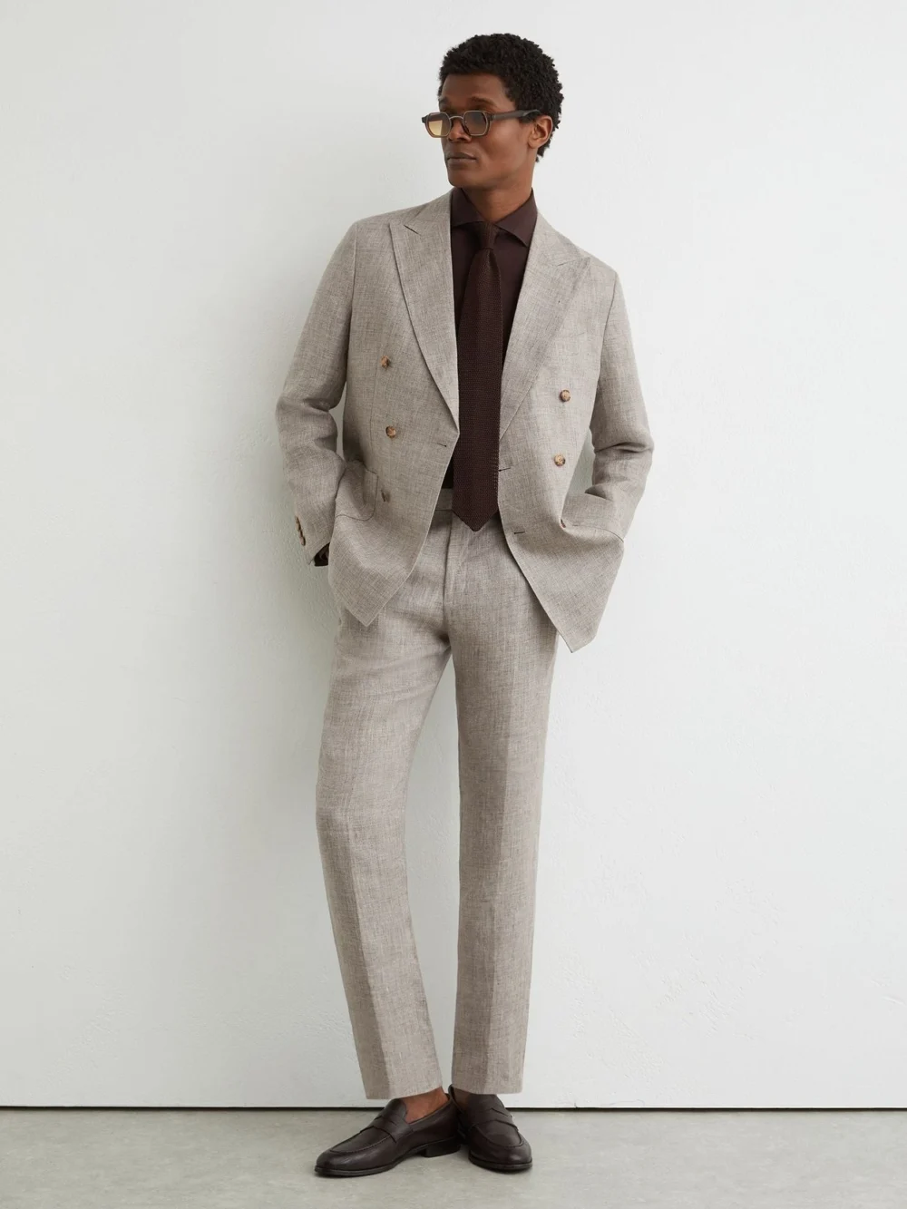 Reiss Taupe Brown Tailored Fit Linen Double-breasted Suit Blazer, view 4