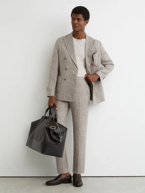 Reiss Taupe Brown Tailored Fit Linen Suit Trousers