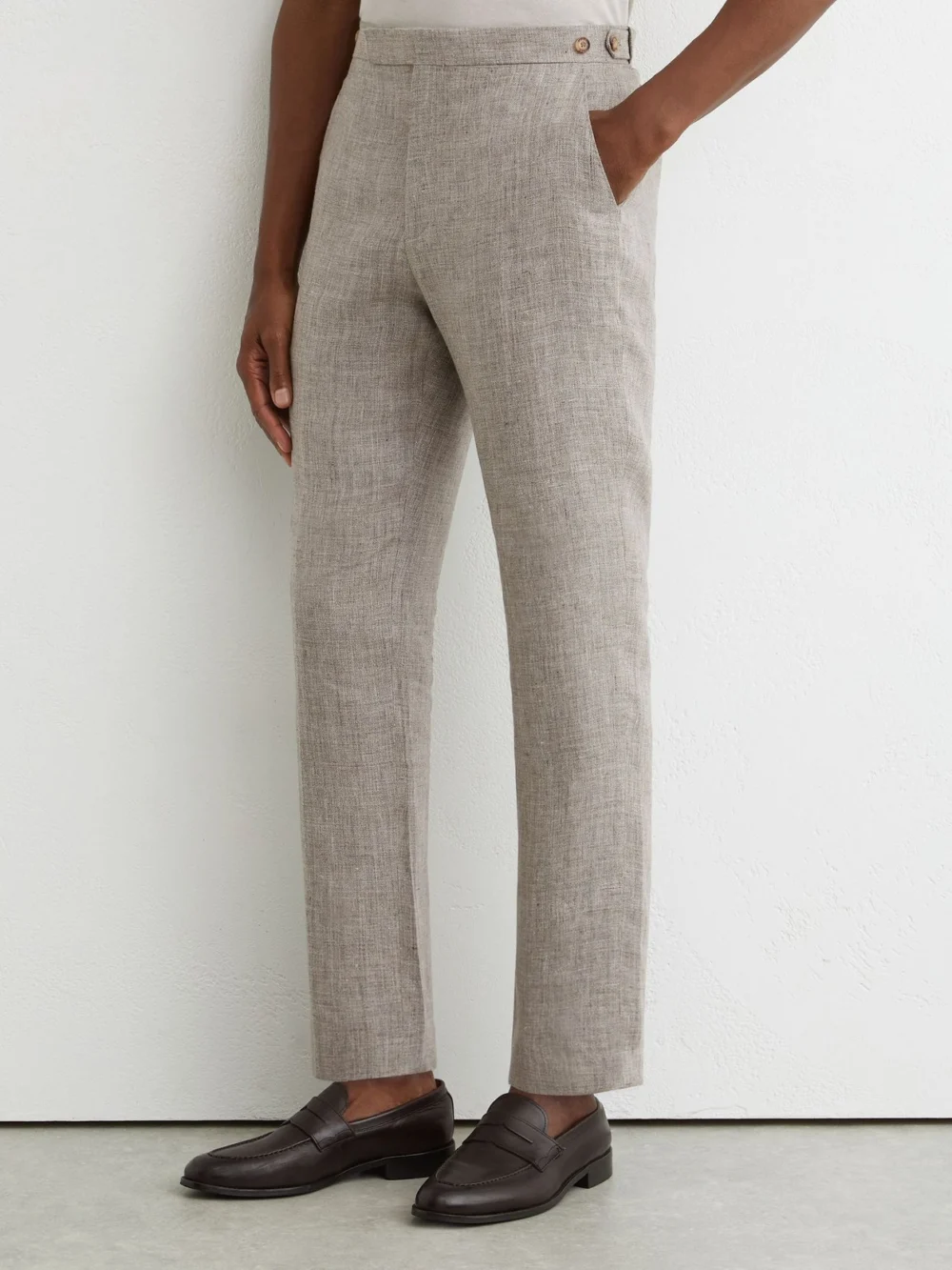 Reiss Taupe Brown Tailored Fit Linen Suit Trousers, view 3