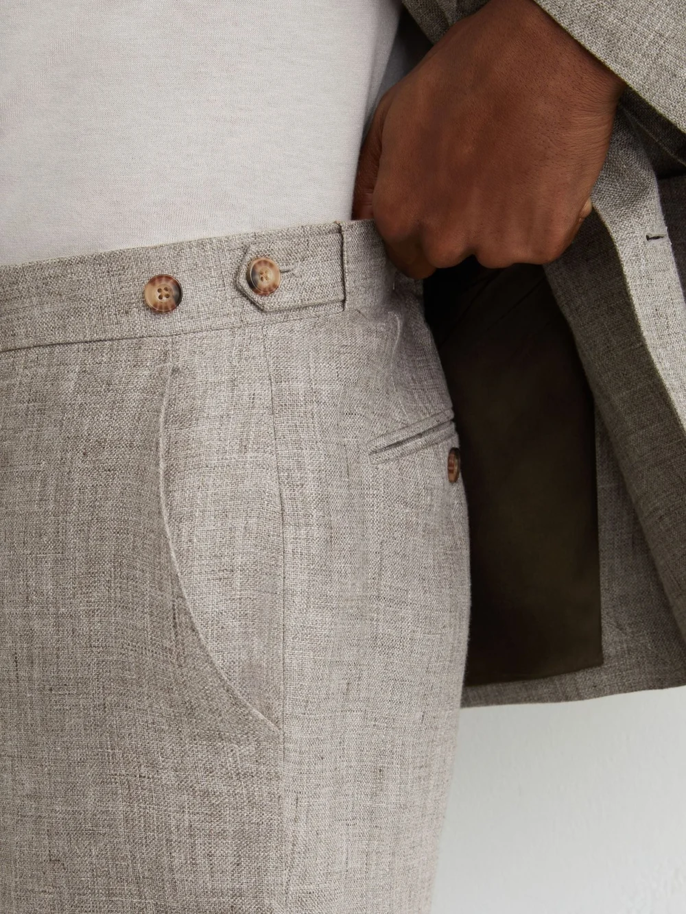Reiss Taupe Brown Tailored Fit Linen Suit Trousers, view 4