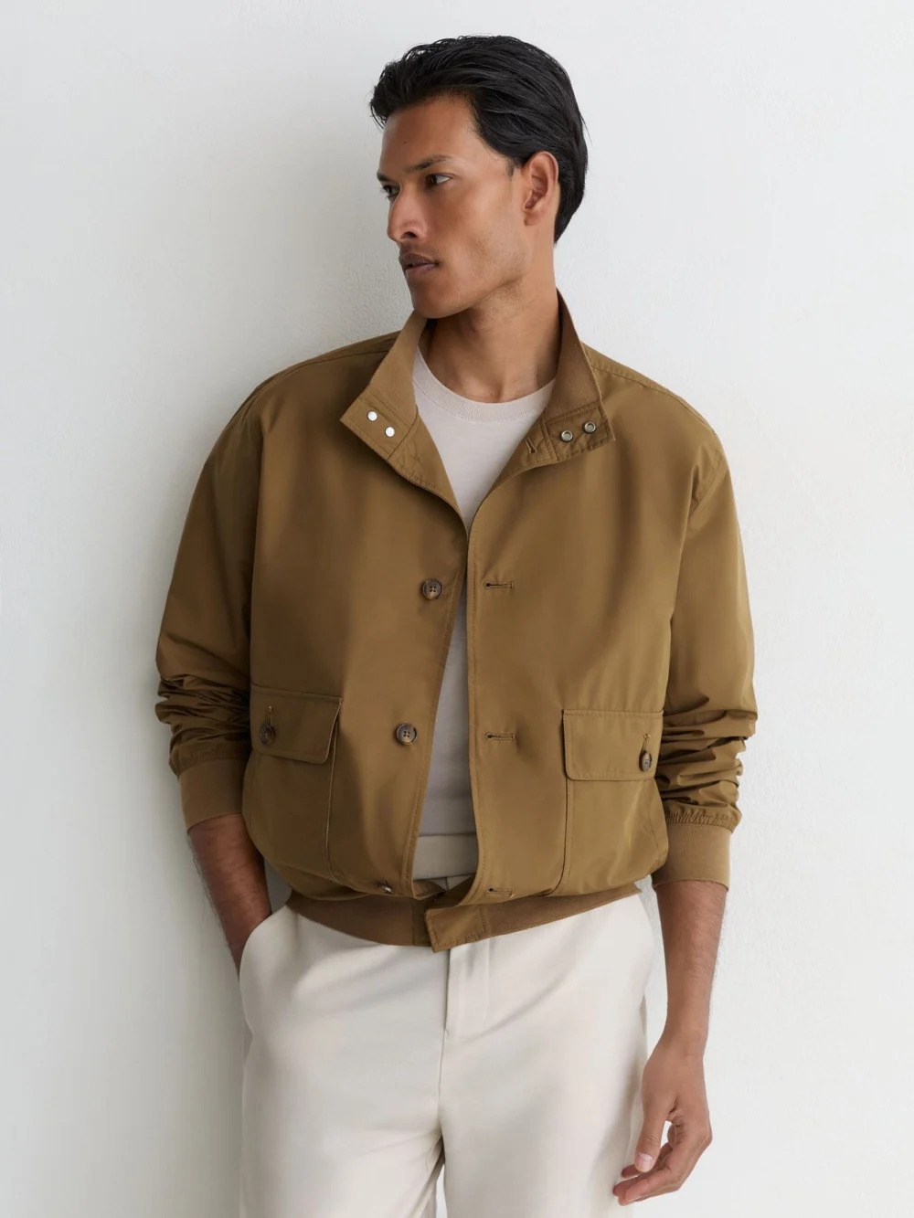 Reiss Taupe Brown Technical Button-through Bomber Jacket, view 4