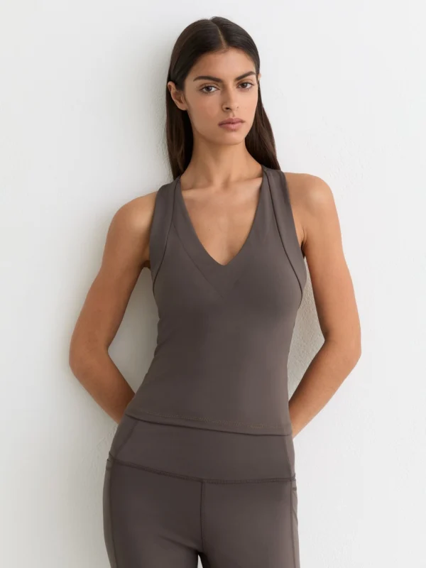 Reiss Taupe Brown V-neck Cross-back Sports Top