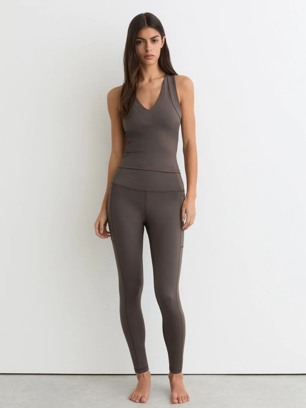 Reiss Taupe Brown V-neck Cross-back Sports Top, view 3